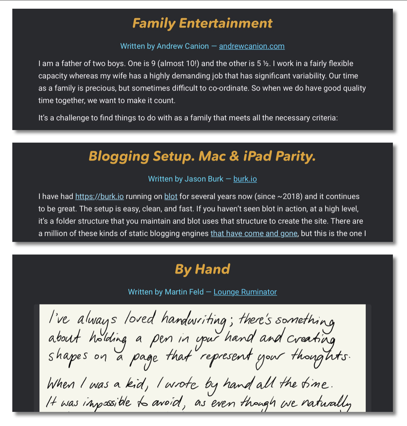 Three article previews, with the titles 'Family Entertainment', 'Blogging Setup' and 'By Hand'